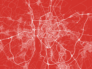 Christmas Map of Seville Metropolis, Spain in Snowy White on Festive Red Background.