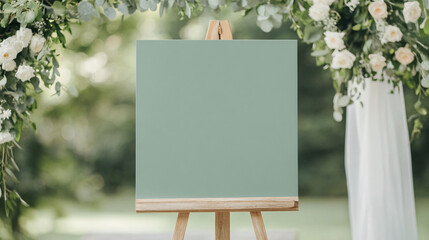 A blank 24 x 18 inches signboard mockup in a lush green wedding setting, surrounded by delicate white flowers, soft greenery, and elegant drapery. The signboard is placed on a rustic easel, with the