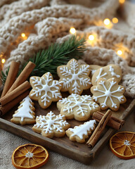 Fototapeta premium Hygge-Style Winter Cookies on a Rustic Wooden Tray