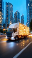 Fototapeta premium A delivery truck glowing with digital logistics data for faster delivery management