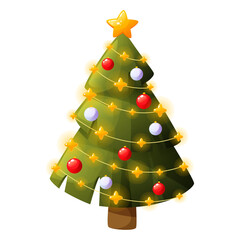 Vector Christmas green tree on white background. Beautiful shining New Year tree with decorations, balls, garland, lights and golden star on top. Festive spruce. Clip art for postcards and posters.