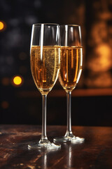 Pair of champagne glasses with golden sparkling wine on a wooden table, surrounded by soft golden bokeh lights.