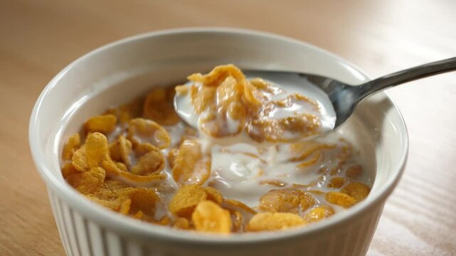 slow motion scooping cornflakes cereal with a spoon from a bowl full of milk