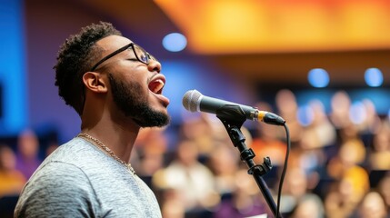 Powerful Worship Leader Singing in Church During Prayer Gathering