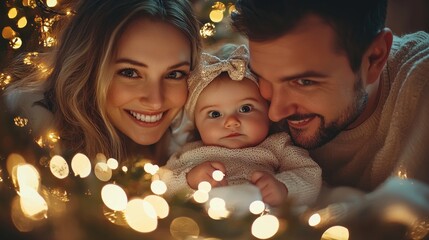 A playful family enjoys the festive spirit as they decorate together. The young couple smiles brightly, holding their baby, surrounded by twinkling lights creating a warm atmosphere