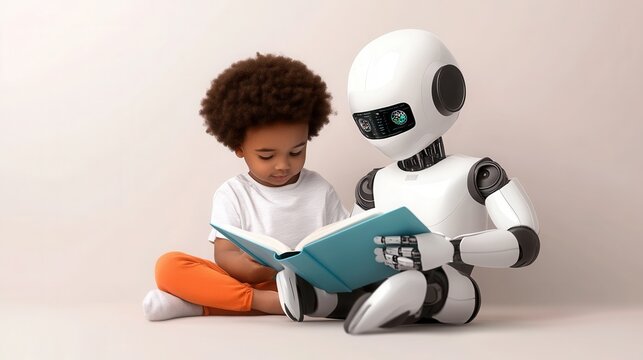 a cute and friendly AI-powered educational robot sitting with a child reading an interactive book