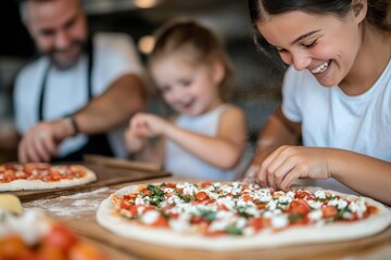 Fototapeta premium A child chef beams with excitement while preparing pizza alongside family, highlighting the joy of learning culinary skills and creating delicious meals together.