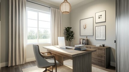 Fototapeta premium Scandinavian-inspired home office with a wooden desk, ergonomic chair, and soft overhead lighting for a peaceful work environment