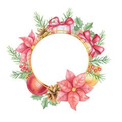 Christmas wreath made of fir branches and holly leaves, poinsettia. Watercolor round frame.