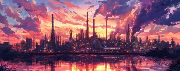 Fototapeta premium Sunset Industrial Landscape Digital Painting of Factory at Dusk, Factory reflection, Pink Sky Industrial landscape, digital art