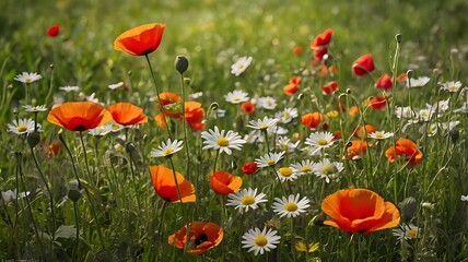 Obraz premium Vivid Orange Poppies and Daisies in a Sunny Field