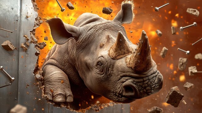 Powerful Rhino Breaking Wall Concept, Rhino Breaking Through Metal Wall Surrounded by Debris and Flying Bolts in Dynamic Action Scene