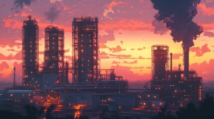 Fototapeta premium Sunset Refinery Industrial Digital Painting, Dramatic Sky, Factory at Dusk, Pollution, Night Lights Refinery, Industrial Art