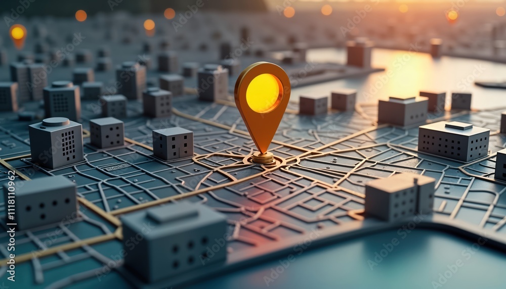 Aufkleber Realistic GPS map pointer highlights location on detailed city map. Miniature buildings part of 3D urban structure. Urban route navigation concept demonstrated. Modern technology for discovering
