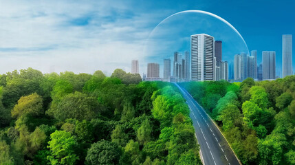 Fototapeta premium A solitary car travels along a winding road through a lush green forest, with the Earth as a backdrop. This aerial view symbolizes humanity's interconnectedness with nature and the importance of susta