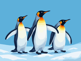 Fototapeta premium Vector illustration of three king penguins in the snow with frost, on blue background
