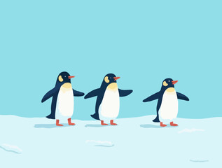 Obraz premium Vector illustration of three king penguins in the snow with frost, on blue background