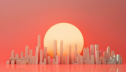 The concept of happiness and new beginnings: Abstract cityscape with rising sun, symbolizing growth and endless possibilities.