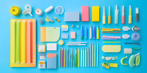 Obraz premium Assorted stationery items on blue background