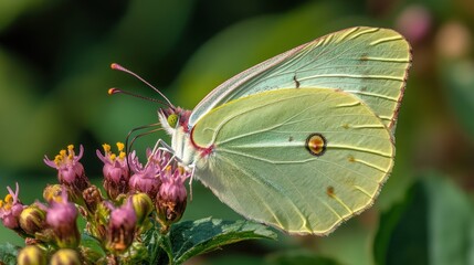 A close-up of a pale green butterfly perched on pink flowers in a natural setting.