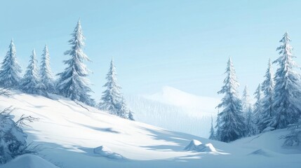 Naklejka premium A serene winter landscape with snow-covered trees and mountains.