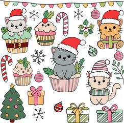 Cute Christmas Cat Illustrations with Santa Hats and Festive Decorations for Holiday Designs