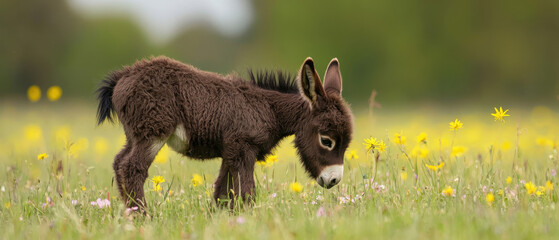 A playful donkey foal grazes in a vibrant field of flowers, embodying the essence of youthful innocence and nature's beauty.