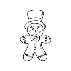Gingerbread man cookie in hat with bow and buttons with glaze in black contour isolated on white background. Hand drawn vector sketch illustration in doodle engraved vintage line art style. Christmas