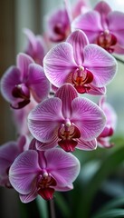 Naklejka premium Close-up view of beautiful pink orchids. Delicate petals with vibrant magenta highlights. Orchid blooms on stem. Colorful, fresh flowers in full bloom. Natural floral arrangement. Luxurious plant.