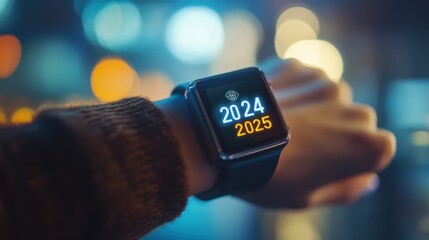 Smartwatch Displaying 2024 and 2025 Transitioning Years New Year Countdown on Wrist Technology Future Time