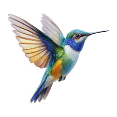 Watercolour Illustration of a Vibrant Hummingbird in Flight with Colourful Feathers and Delicate Wings, on isolated transparent background, png