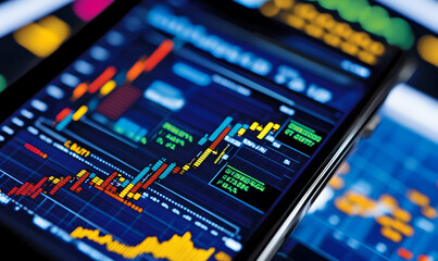 Obraz premium Close-up of a smartphone displaying dynamic stock market data, vibrant charts and graphs illustrating financial trends and investment opportunities.