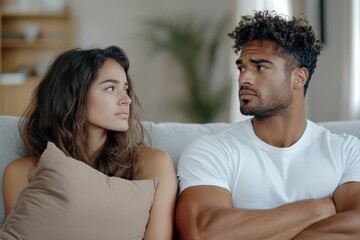 Obraz premium This image captures a couple on a couch, looking away from each other, suggesting a moment of disagreement or contemplation in their relationship dynamics.