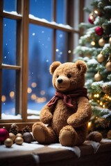 Brown Plush Teddy Bear on Windowsill Next to Christmas Tree Against a Winter Night Landscape