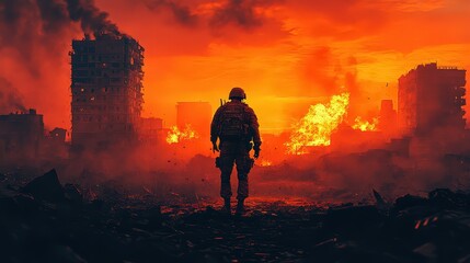 Fototapeta premium Soldier silhouetted against fiery ruins of a city under intense red sky, symbolizing war, destruction, and human resilience.
