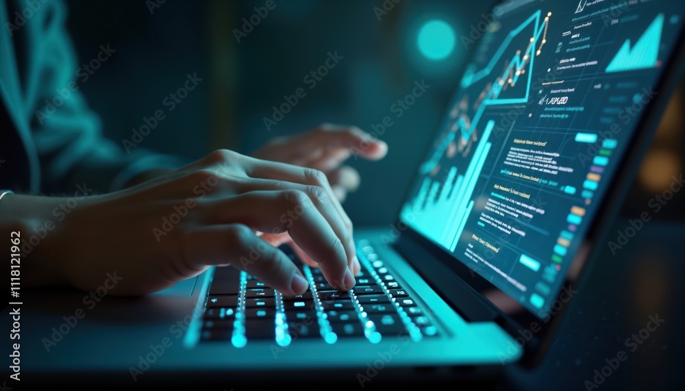 Aufkleber person types on laptop with glowing keyboard, screen displaying data graphs. modern tech workspace e