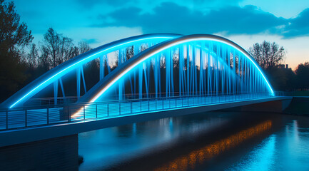 Obraz premium A modern illuminated bridge arches over a calm waterway, showcasing vibrant blue lighting against a twilight sky.