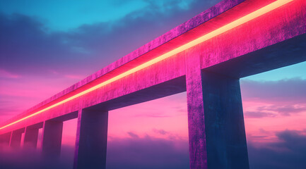 A vibrant, surreal bridge illuminated by neon lights, set against a dreamy, colorful sky, creating a captivating and futuristic atmosphere.