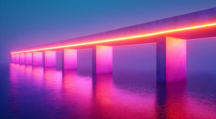 A vibrant bridge illuminated with neon lights, reflecting in the calm waters beneath, surrounded by a misty atmosphere.