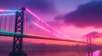 A vibrant bridge illuminated with colorful lights against a stunning sunset, reflecting beautifully in the water below.