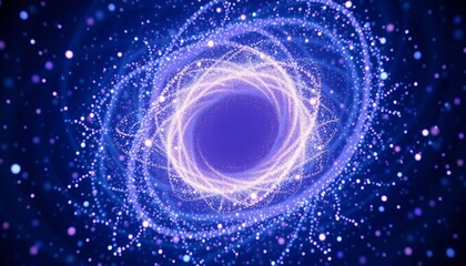 Abstract background filled with tiny glowing particles swirling around a central vortex. Use shades of deep blue purple and bright white for the particles gradually getting brighter towards.