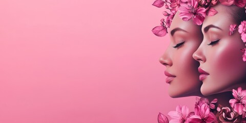 Blushing Beauty: Two Women Surrounded by Delicate Pink Blossoms,  A Serene and Elegant Portrait of Feminine Grace