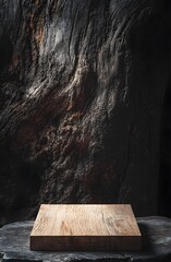 Wooden Plank Resting On Dark Stone Against Weathered Tree Trunk