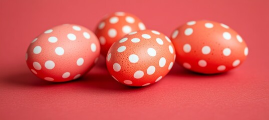 Red Polka Dot Easter Eggs Arranged Neatly on a Vibrant Red Background, Holiday Festivity Concept.