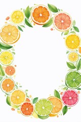 Minimalist Drawing of a Colorful Circle Made of Citrus Fruits on a Clean White Background