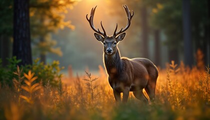 Majestic red deer stands in sunlit forest. Sunrise highlights antlers, fur. Wildlife scene in natural habitat. Autumn season. Beautiful scenery. Wild animal in park. Deer alert, focused. Natural