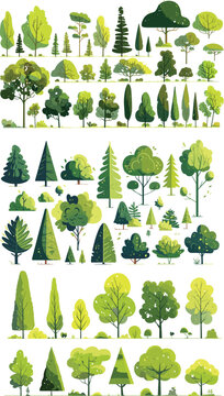 Collection of Green Trees and Bushes - Vector Illustration