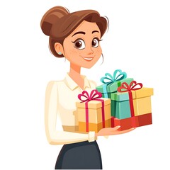 Cartoon receptionist with a stack of wrapped gifts on a white background
