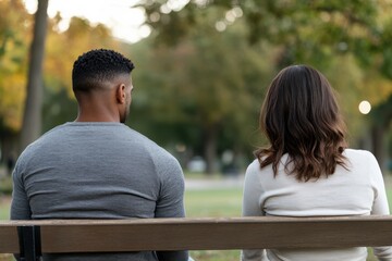 Fototapeta premium A couple enjoys each other's company while sitting closely on a park bench, highlighting the beauty of shared moments in a lush green setting surrounded by nature.