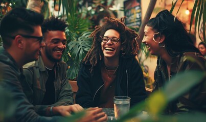 A group of young friends walk happily down a bustling city street, dressed warmly and sharing laughter, capturing the essence of youth, friendship, and urban life